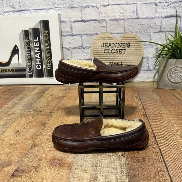 Ugg Ascot Slippers Men's Sz 8 Brown Leather Shearling Slip On Casual Shoe - Picture 3 of 10